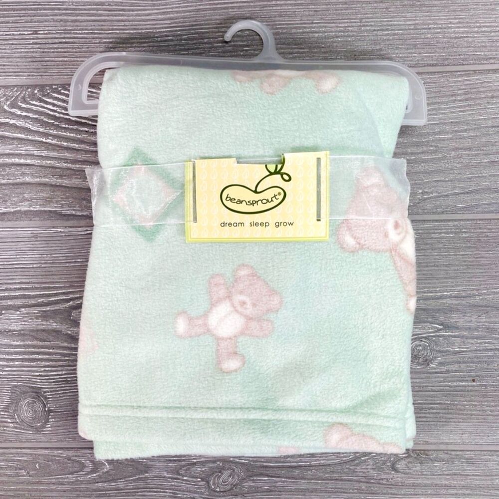 Beansprout Mint Green Teddy Bear Fleece Baby Blanket 30x36 Pem-America - NEW!